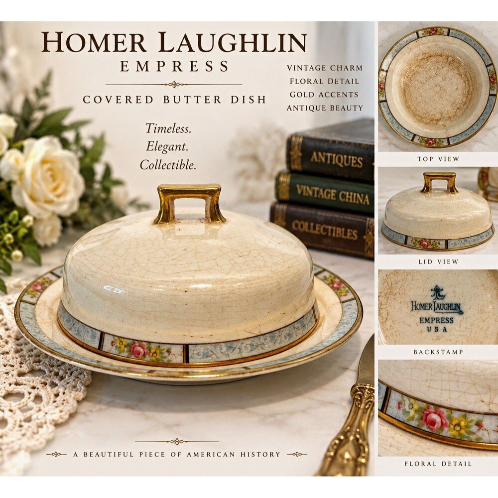 Homer Laughlin Empress Covered Butter Dish w/ Lid Floral Blue Gold Accents